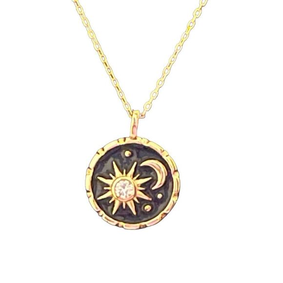 New Sterling silver 14k plated cubic zirconia black enamel moon star 18”necklace - Picture 5 of 7